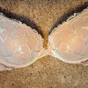 💌Victoria's Secret Pink Peach White Lace Glitter Plunge Pushup Underwire Bra